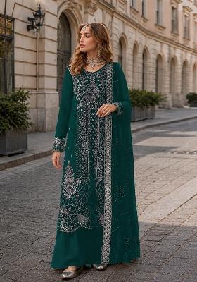 Teal Embroidered Velvet Pakistani Suit Set