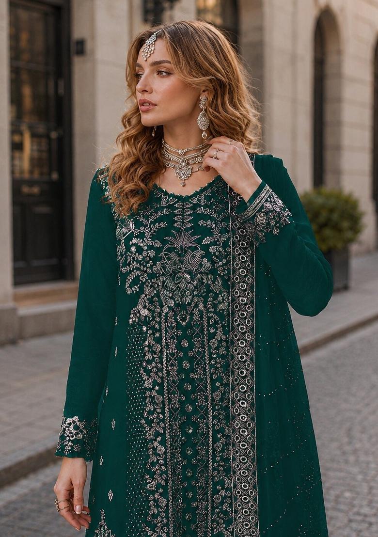 Teal Embroidered Velvet Pakistani Suit Set - Indya