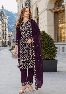 Purple Embroidered Chiffon Kurta Set