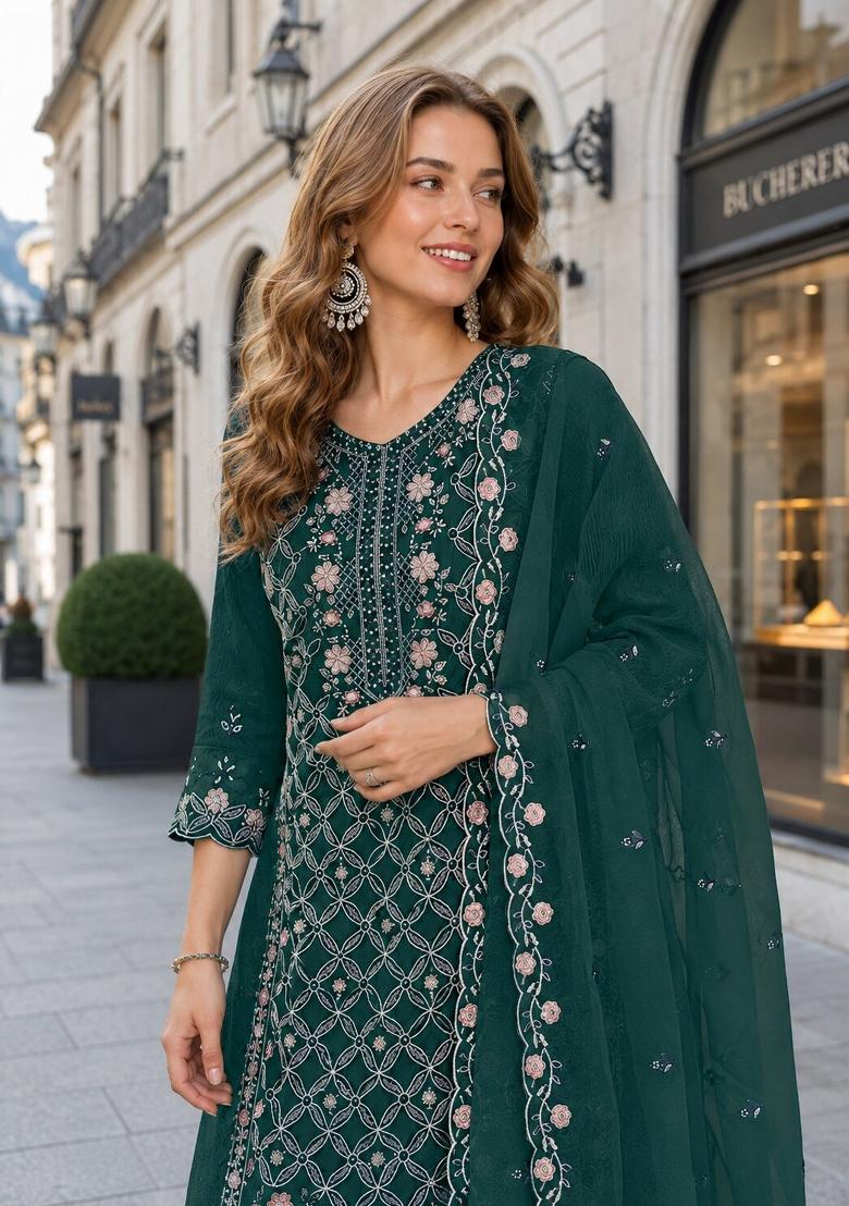 Green Embroidered Chiffon Kurta Set - Indya