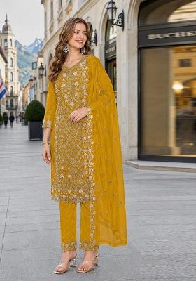 Yellow Embroidered Chiffon Kurta Set
