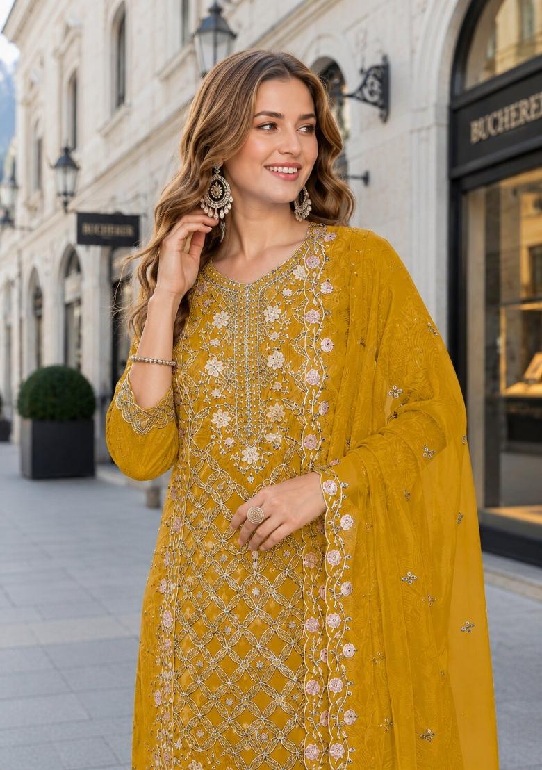Yellow Embroidered Chiffon Kurta Set - Indya