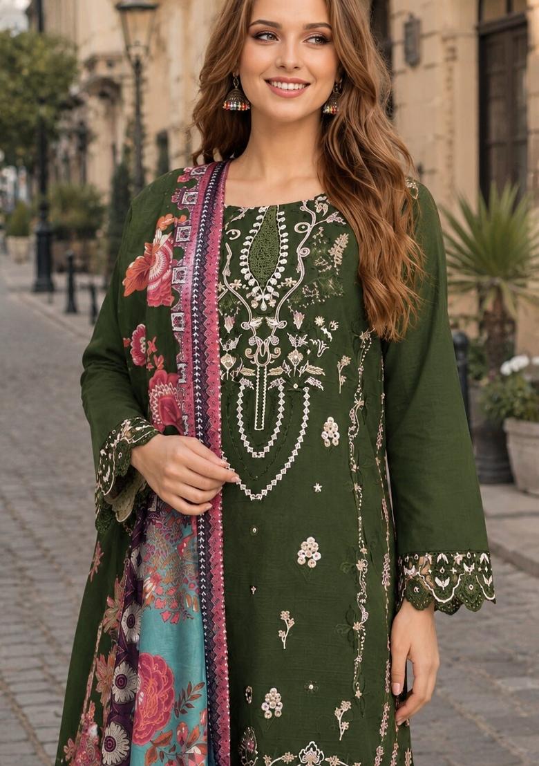 Mehendi Embroidered Cambric Kurta Set - Indya