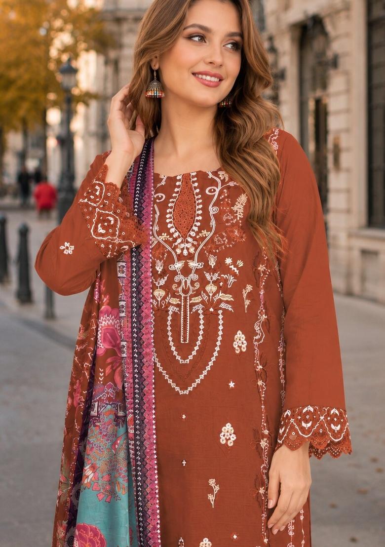 Orange Embroidered Cambric Kurta Set - Indya