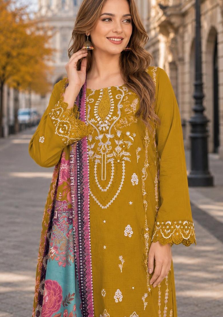 Yellow Embroidered Cambric Kurta Set - Indya
