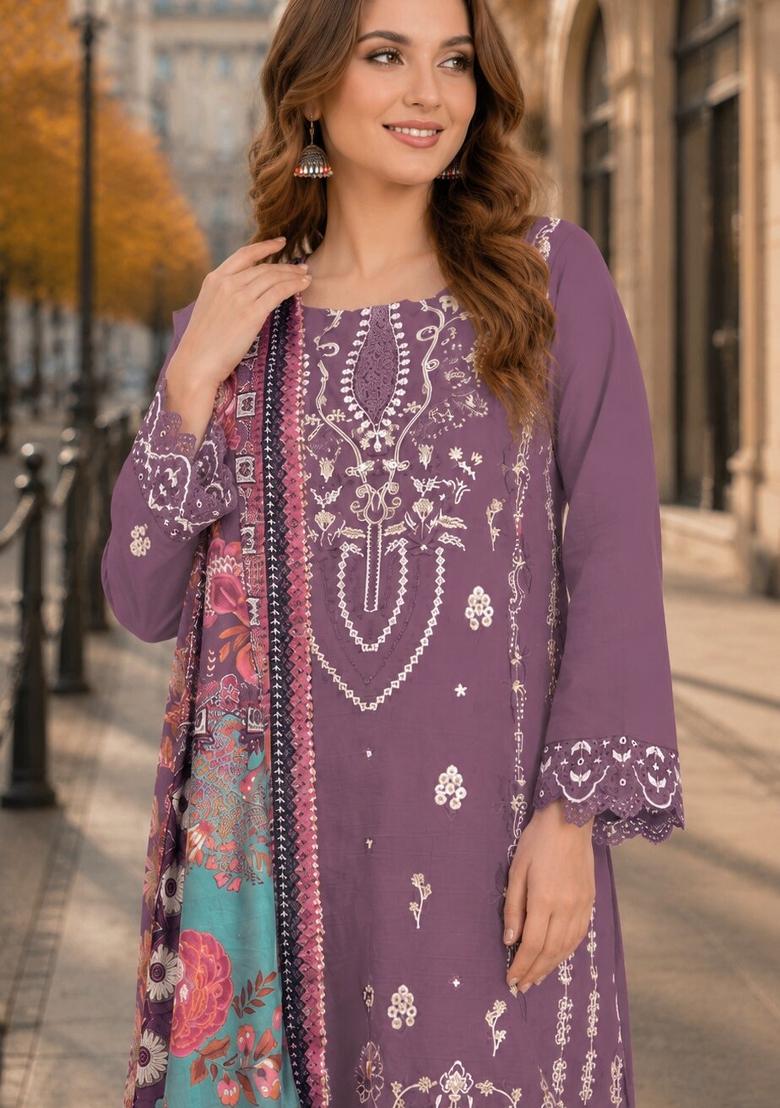 Purple Embroidered Cambric Kurta Set - Indya