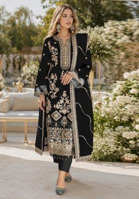 Black Embroidered Silk Kurta Set