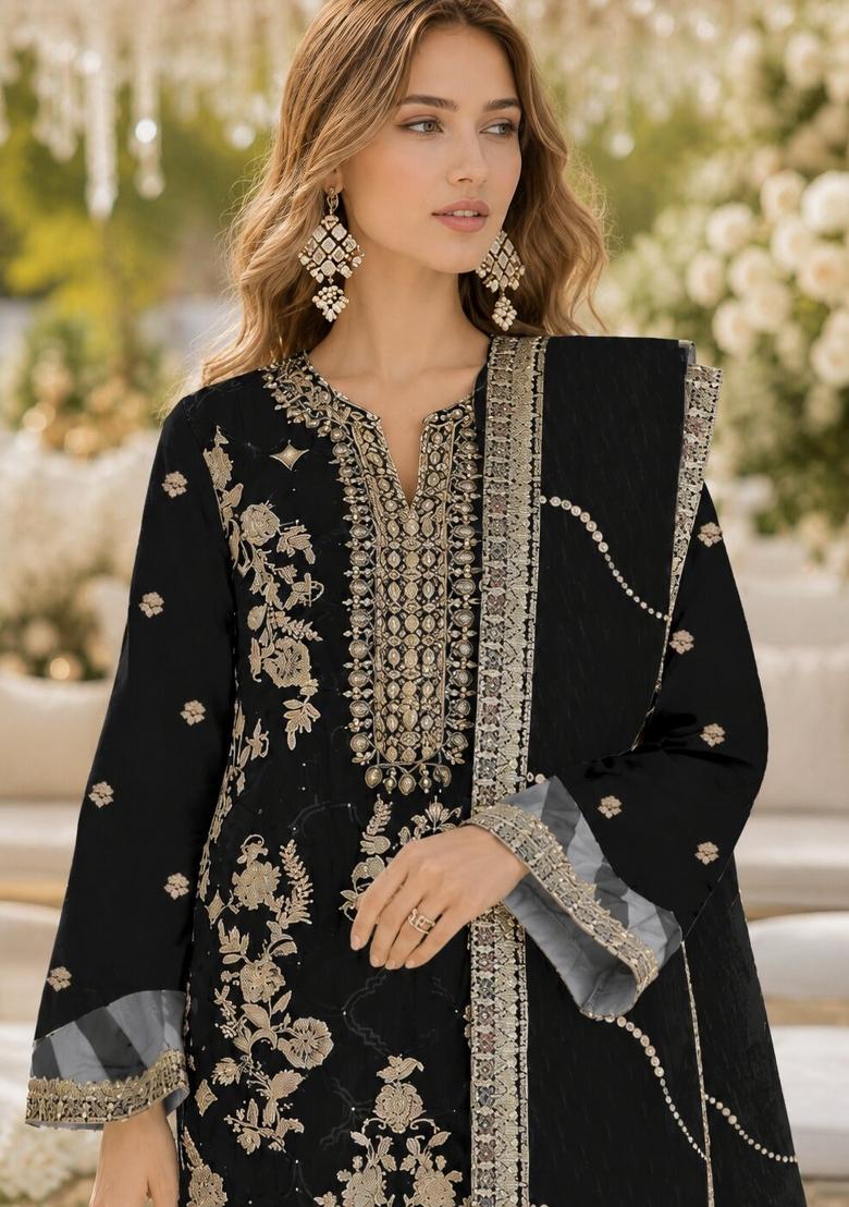 Black Embroidered Silk Kurta Set - Indya