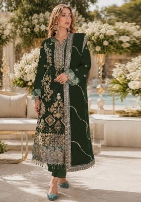 Dark Green Embroidered Silk Kurta Set