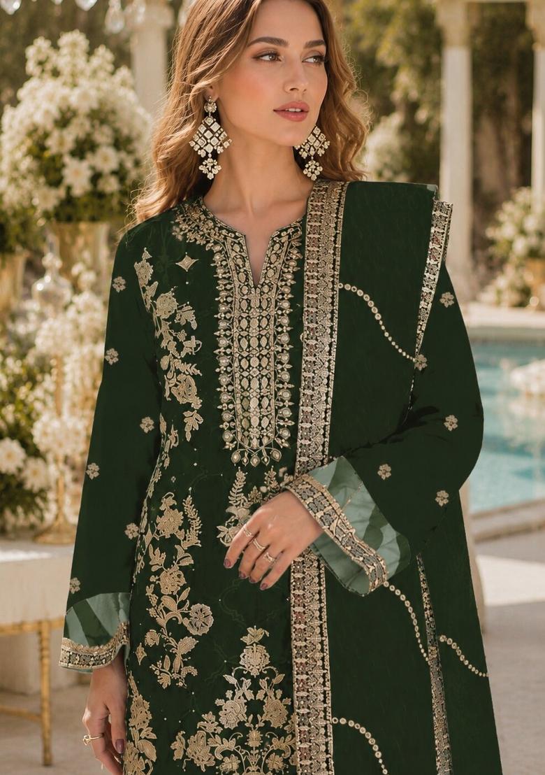 Dark Green Embroidered Silk Kurta Set - Indya