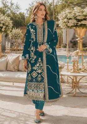 Teal Blue Embroidered Silk Kurta Set