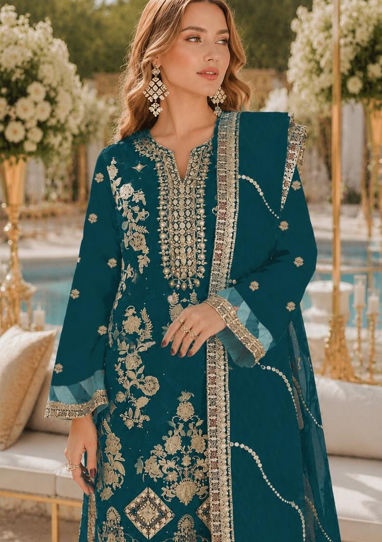 Teal Blue Embroidered Silk Kurta Set - Indya
