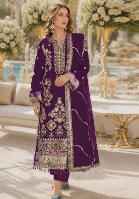 Purple Embroidered Silk Kurta Set