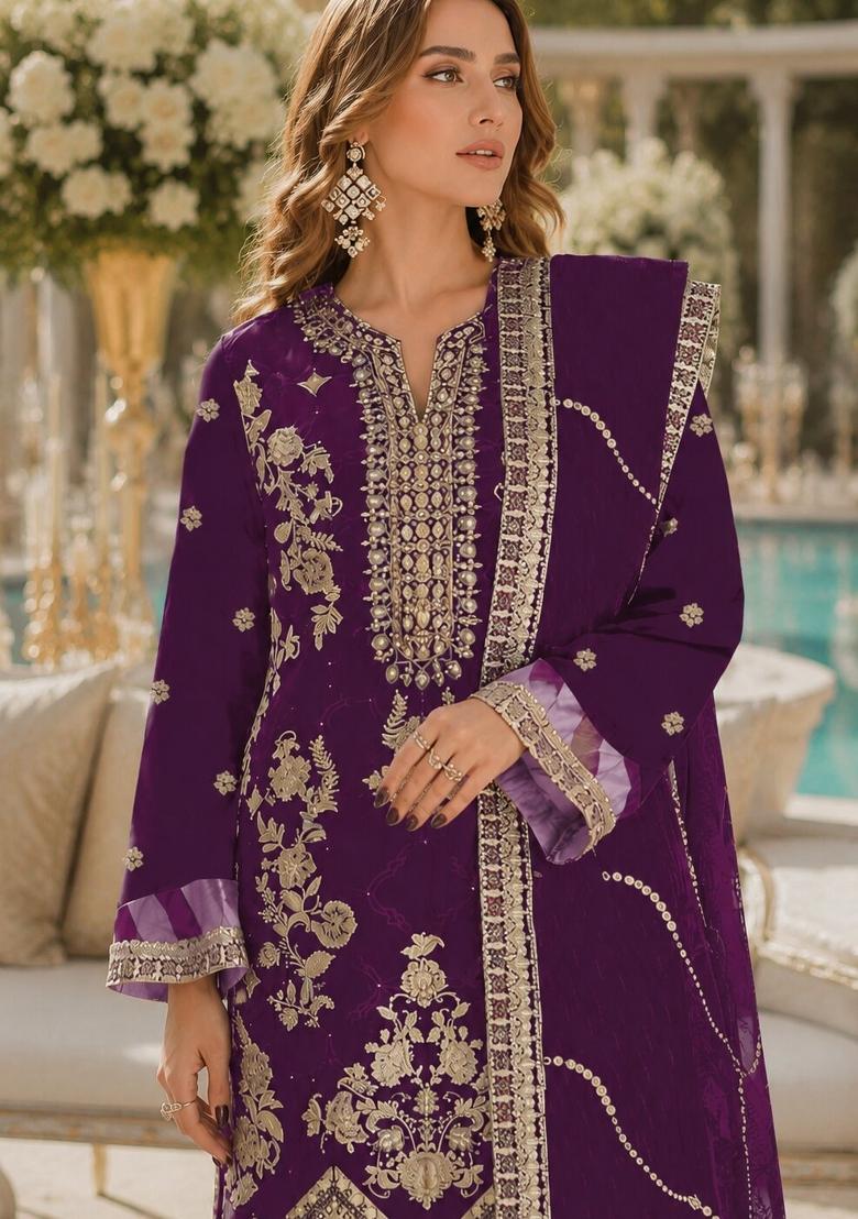 Purple Embroidered Silk Kurta Set - Indya