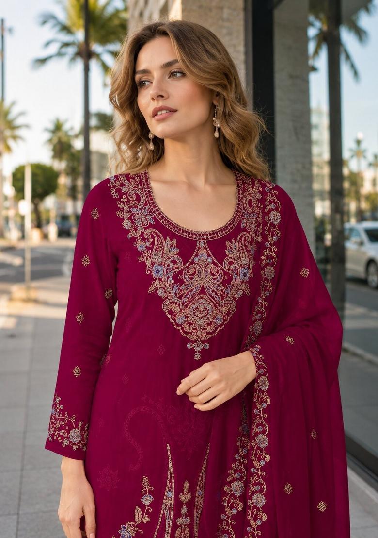 Red Embroidered Velvet Pakistani Suit Set - Indya