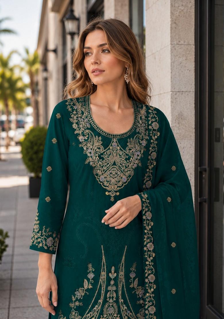Dark Green Embroidered Velvet Pakistani Suit Set - Indya