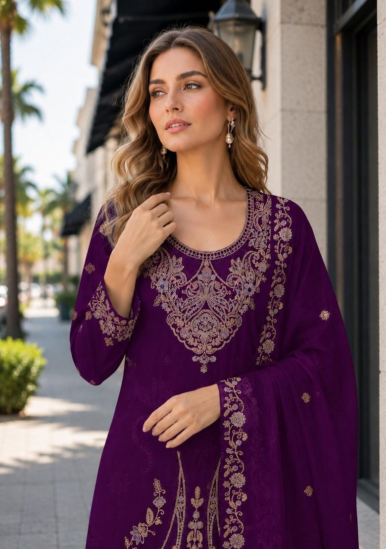 Maroon Embroidered Velvet Pakistani Suit Set - Indya