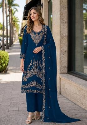Teal Blue Embroidered Velvet Pakistani Suit Set