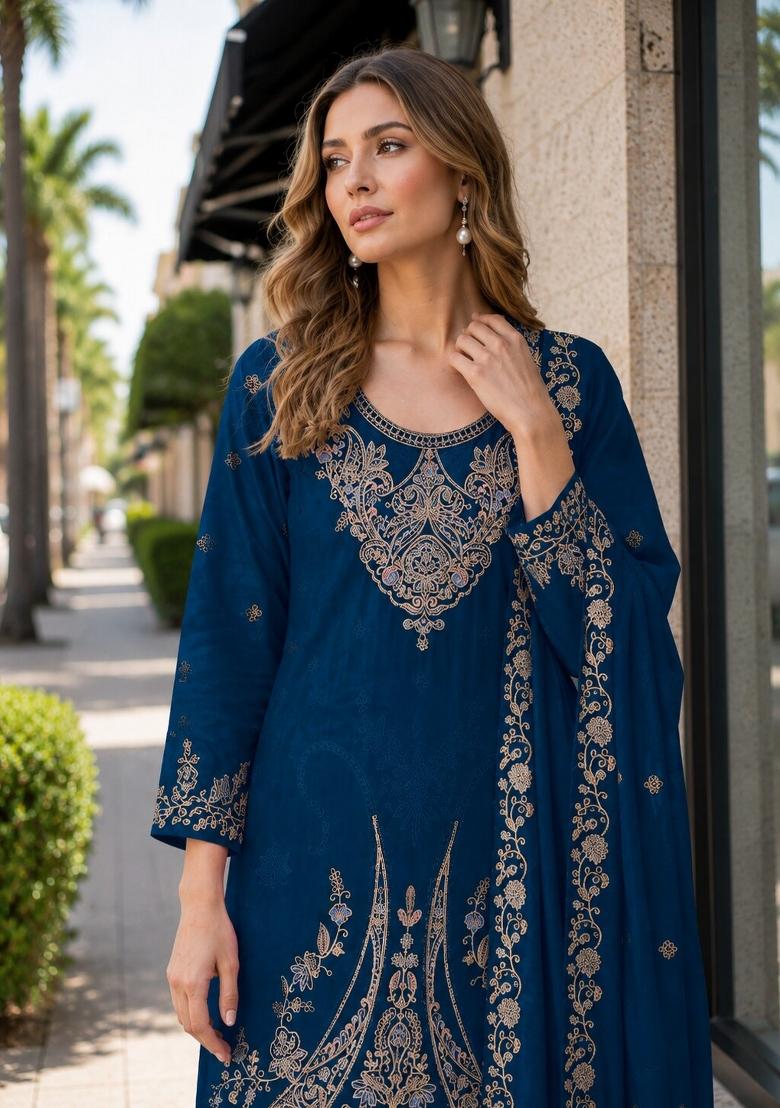 Teal Blue Embroidered Velvet Pakistani Suit Set - Indya