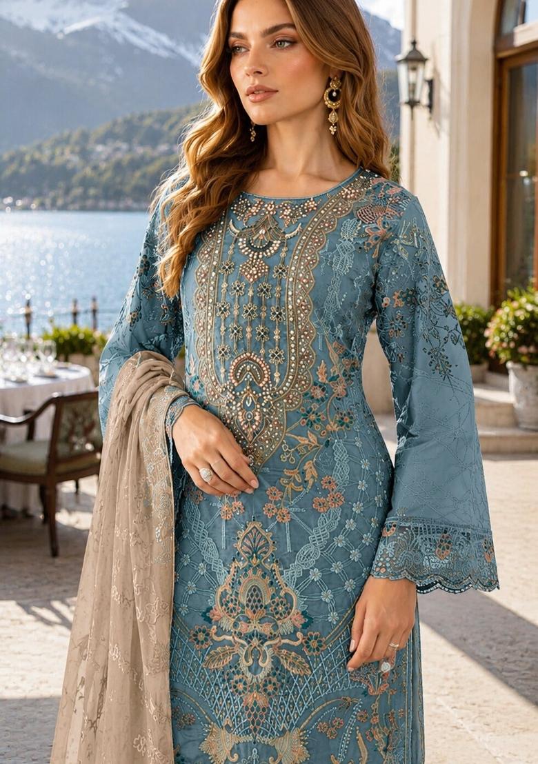 Blue Embroidered Silk Kurta Set - Indya