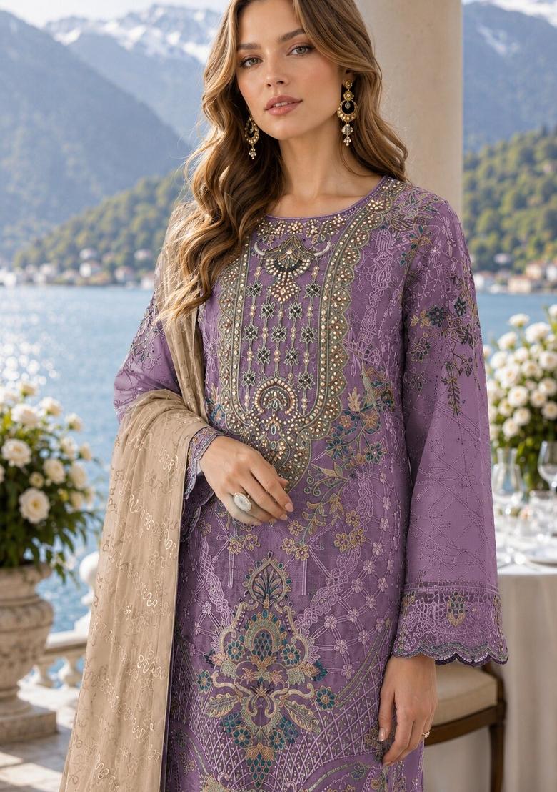 Purple Embroidered Silk Kurta Set - Indya