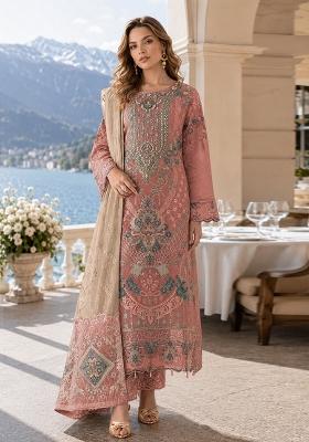 Peach Embroidered Silk Kurta Set