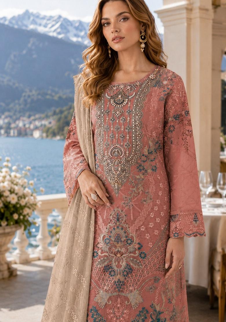 Peach Embroidered Silk Kurta Set - Indya