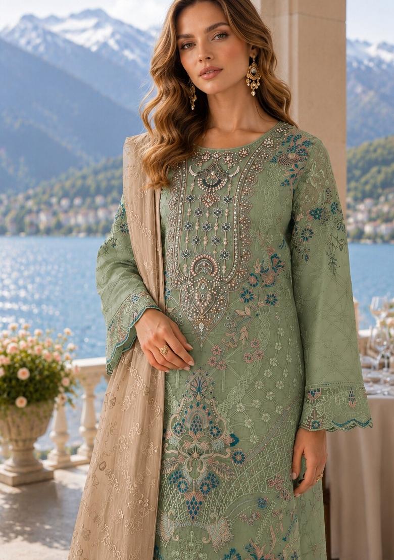 Green Embroidered Silk Kurta Set - Indya