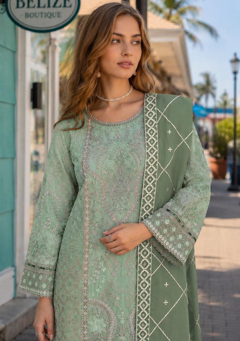 Sea Green Embroidered Chiffon Kurta Set - Indya