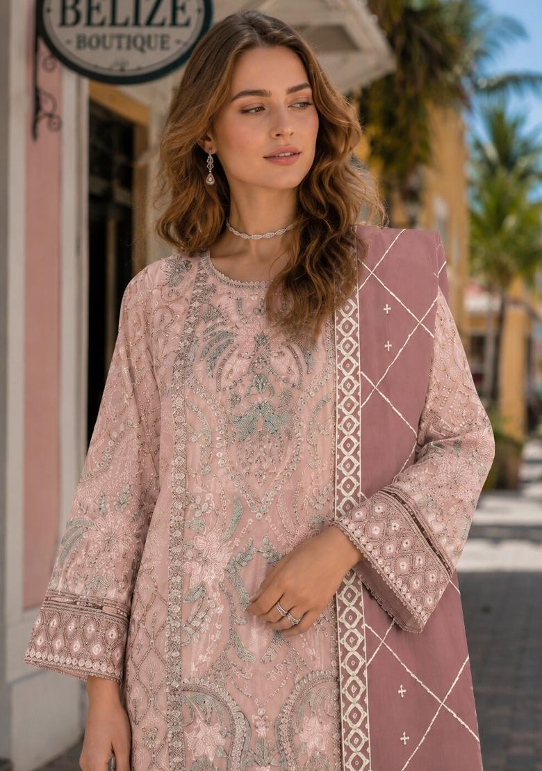 Peach Embroidered Chiffon Kurta Set - Indya