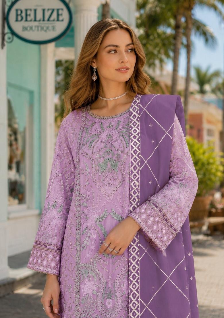 Lavender Embroidered Chiffon Kurta Set - Indya