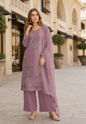Purple Embroidered Chiffon Kurta Set