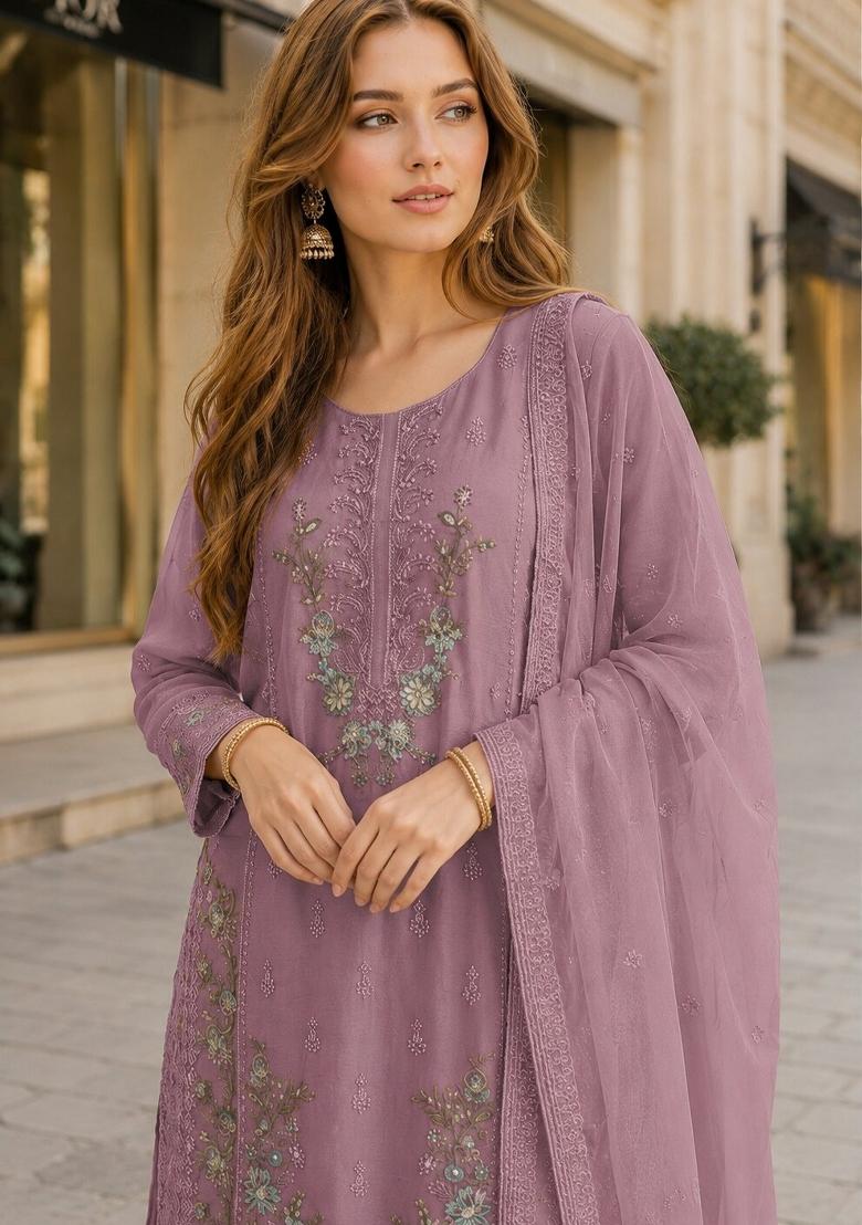 Purple Embroidered Chiffon Kurta Set - Indya