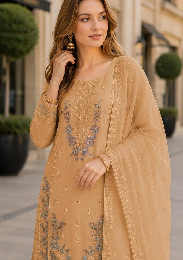 Yellow Embroidered Chiffon Kurta Set - Indya