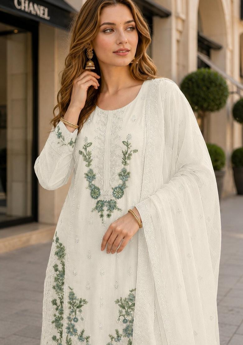 White Embroidered Chiffon Kurta Set - Indya