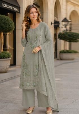 Grey Embroidered Chiffon Kurta Set