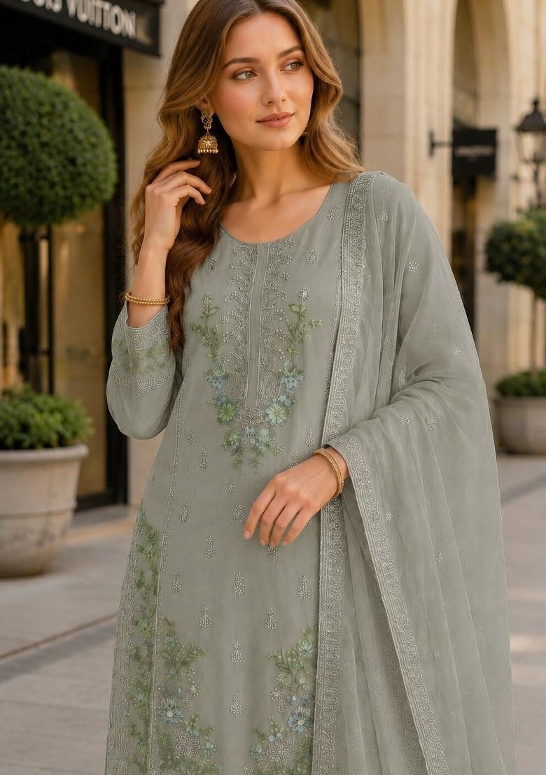 Grey Embroidered Chiffon Kurta Set - Indya