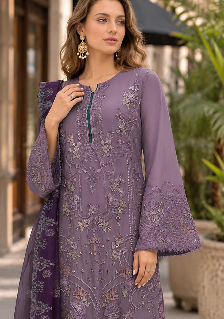 Purple Embroidered Georgette Pakistani Suit Set - Indya
