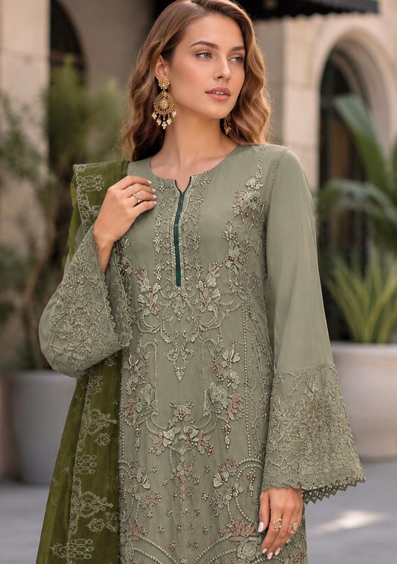 Mehendi Embroidered Georgette Pakistani Suit Set - Indya