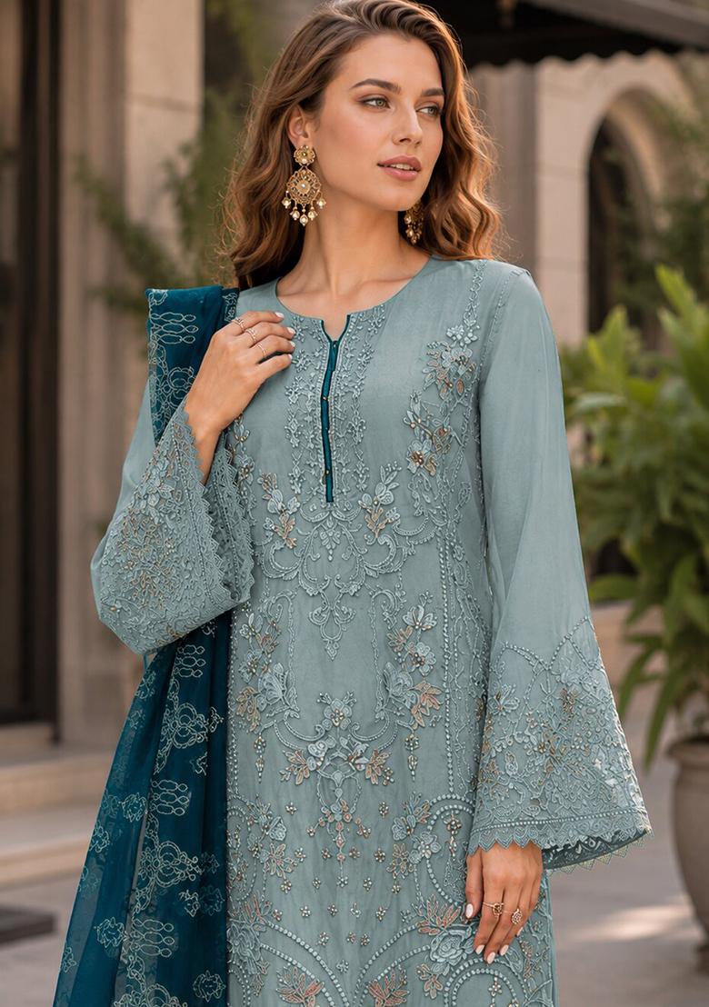 Light Green Embroidered Georgette Pakistani Suit Set - Indya