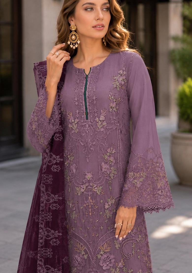 Light Purple Embroidered Georgette Pakistani Suit Set - Indya