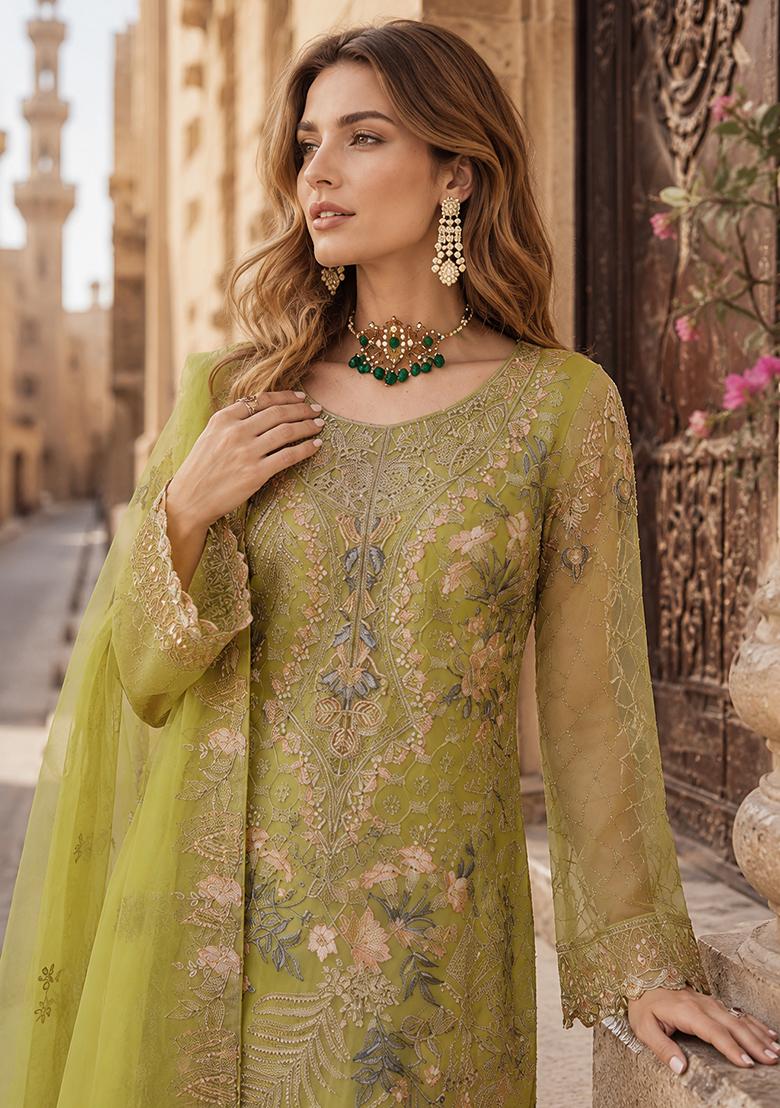Lemon Embroidered Georgette Pakistani Suit Set - Indya