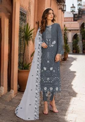 Grey Embroidered Georgette Pakistani Suit Set