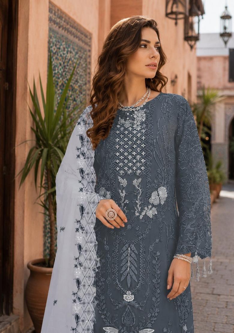 Grey Embroidered Georgette Pakistani Suit Set - Indya
