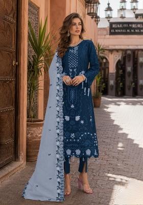 Blue Embroidered Georgette Pakistani Suit Set