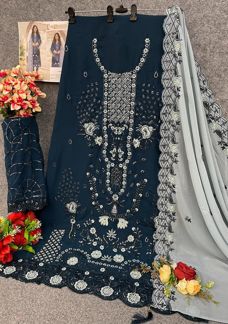 Blue Embroidered Georgette Pakistani Suit Set - Indya