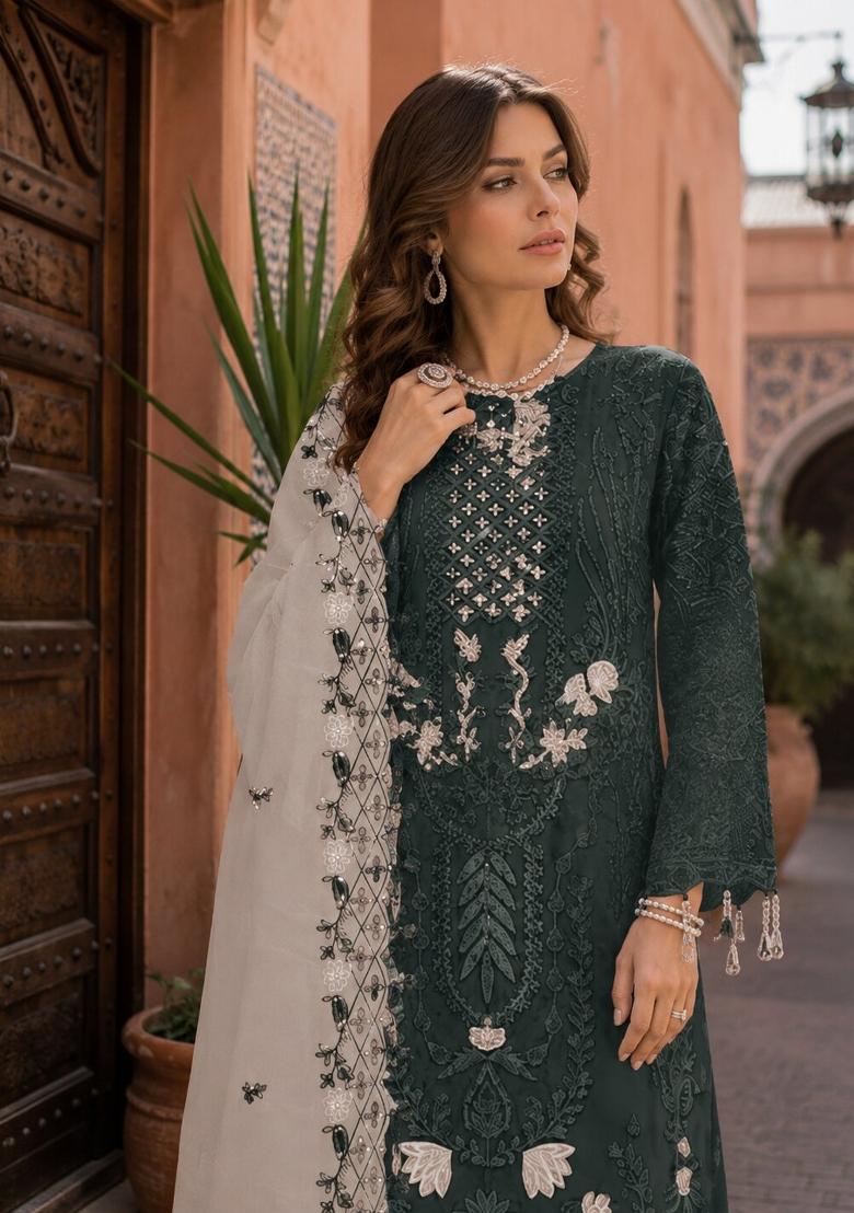 Mehendi Embroidered Georgette Pakistani Suit Set - Indya