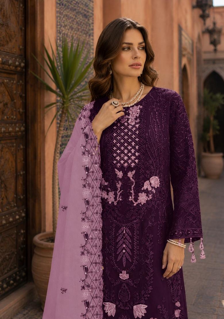 Purple Embroidered Georgette Pakistani Suit Set - Indya