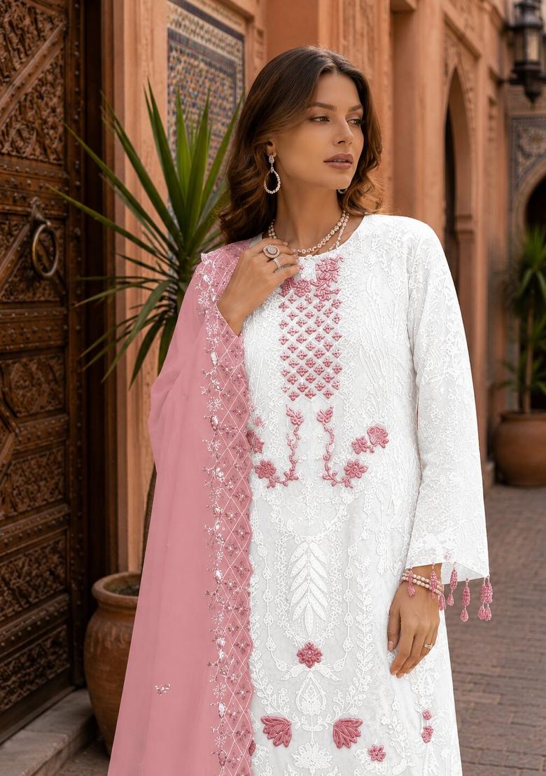 Off White Embroidered Georgette Pakistani Suit Set - Indya