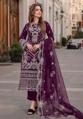 Purple Embroidered Georgette Pakistani Suit Set